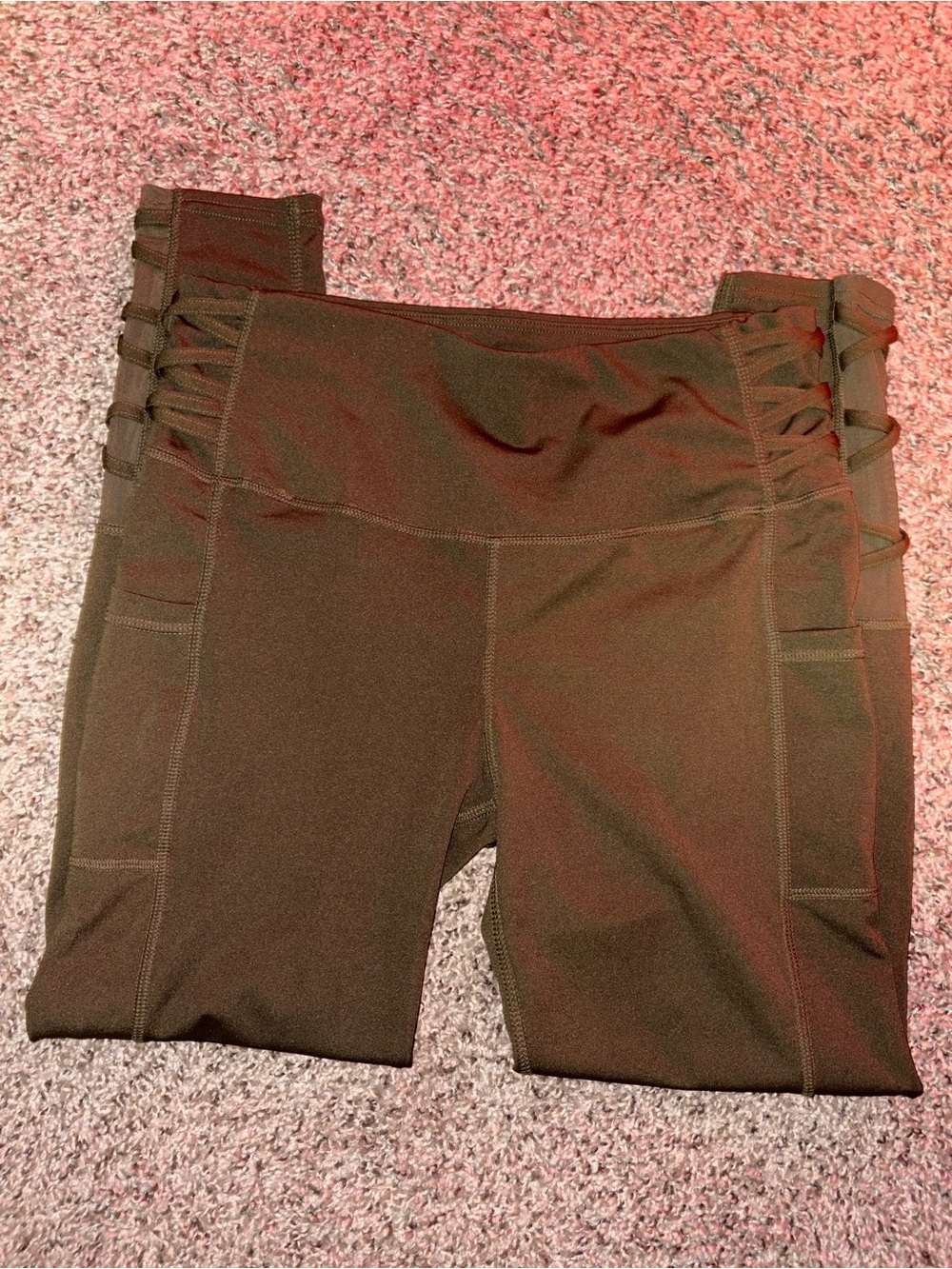 Olive Green Active Leggings with Side Lattice Detail